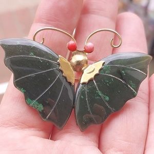 Vintage Jade and coral Butterfly Pendant